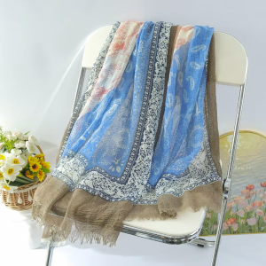 Ruffled Hair Print Cotton and Linen Pleated Headscarf