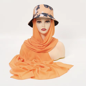 Printed Chiffon Hijab with Bucket Hat Cap