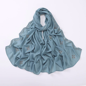 Soft Chiffon Scarf with Diamond Flower Beads for Muslim Women